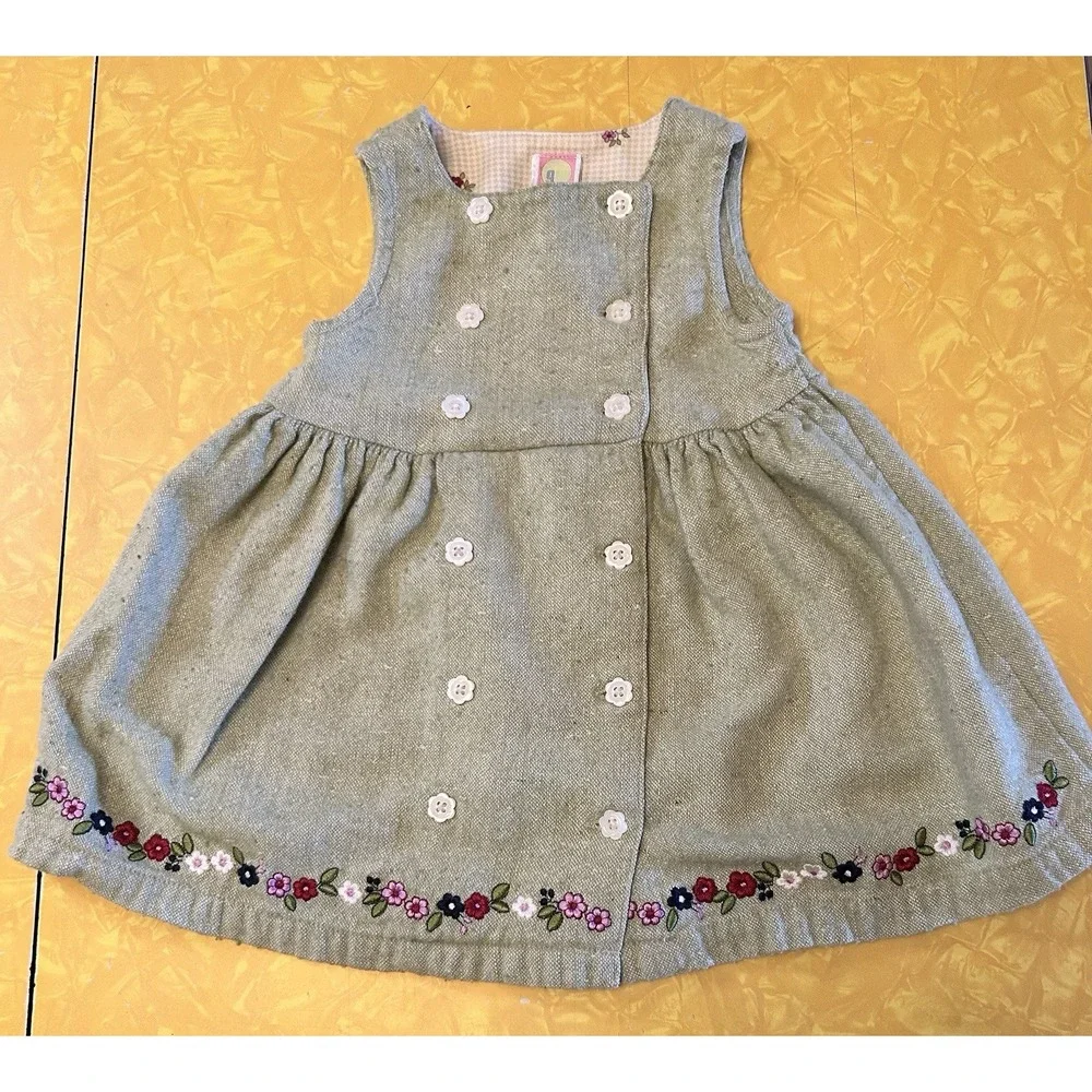 VTG Y2K Gymboree Green Knit Dress Floral Cottagecore Embroidered 18-24 Months